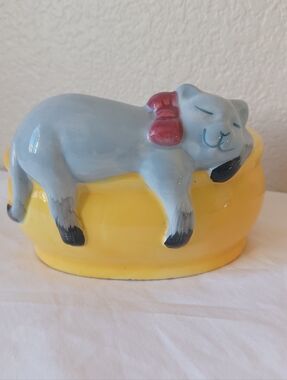 3/$25 SALE Sleeping Kitty Cat Glazed Ceramic Planter Yellow & Blue